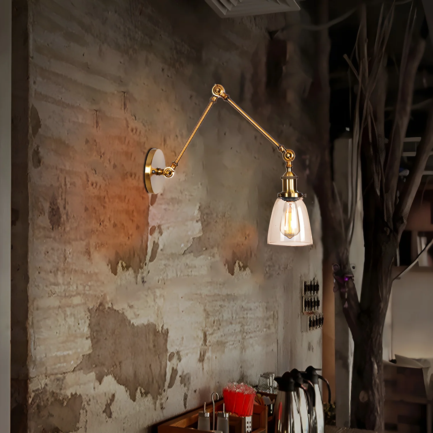 Glass Tapered Shade Industrial Swing Arm Wall Light