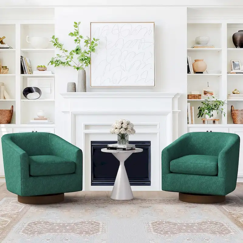 Modern Upholstered Accent Chair Fabric 360 Swivel Barrel Set of 2 Armchair Wood Frame