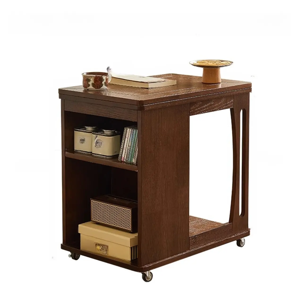 Folding Top Open Storage Wood Side Table with Wheels