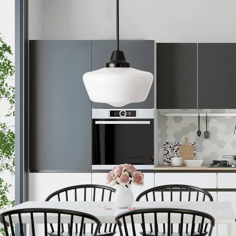 Modern Black 1-Light Pendant Light Fixture with Opal Glass Shade