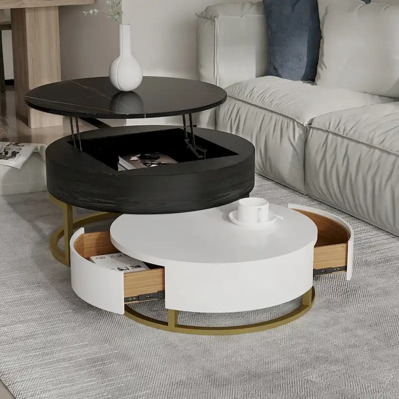 Round Wood Lift-top Nesting Coffee Table with Rotatable Drawers