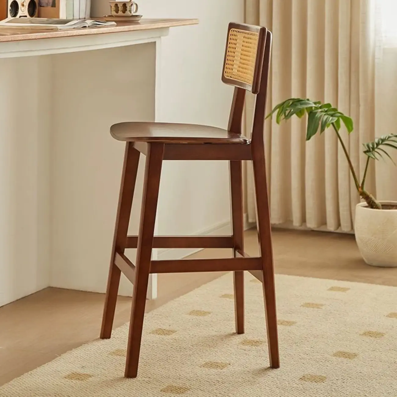 Scandinavian Solid Wood Rattan Back Counter Height Stools