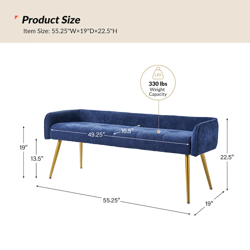 Luis Modern Upholstered Low Back Bench with Sturdy Golden Metal Tapered Leg by HULALA HOME