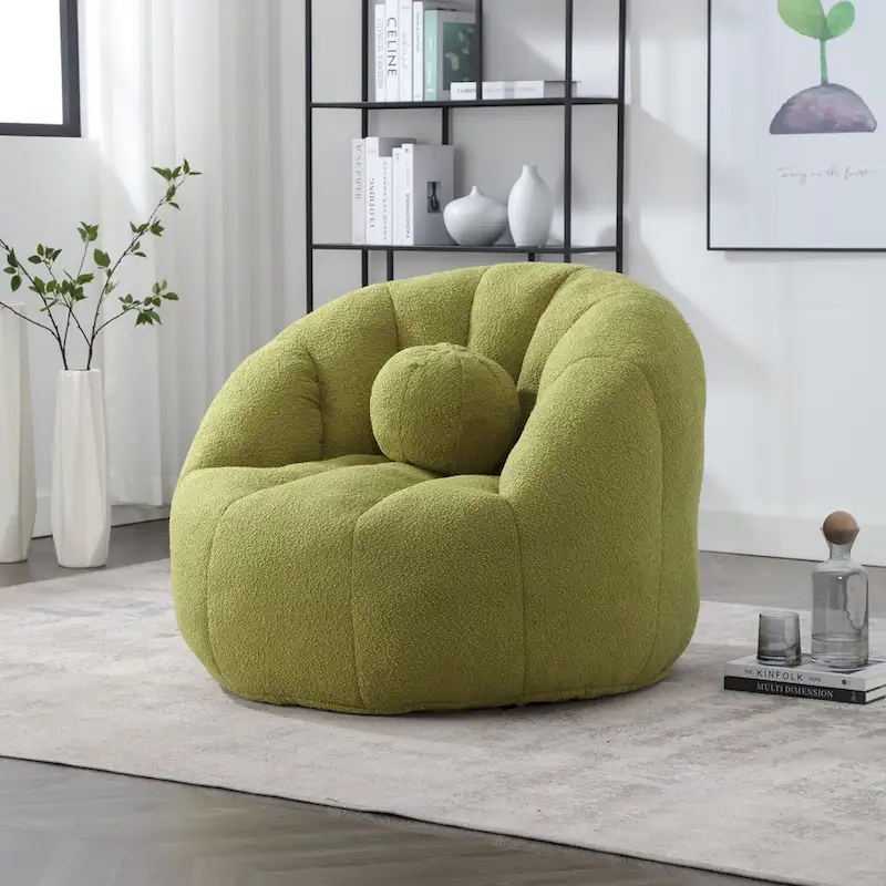 HOMEFUN Boucle Upholstered Round Lazy Cozy Bean Bag Chair With a Pillow