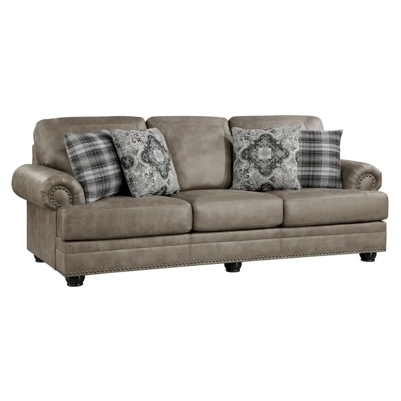 Jade 98 Inch Sofa, Taupe Brown Microfiber, 4 Pillows, Soft Cushions, Wood