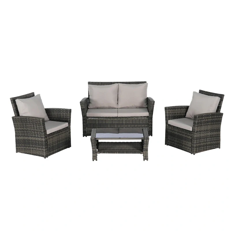 4-Piece Rattan Conversation Sofa Set with Glass Table