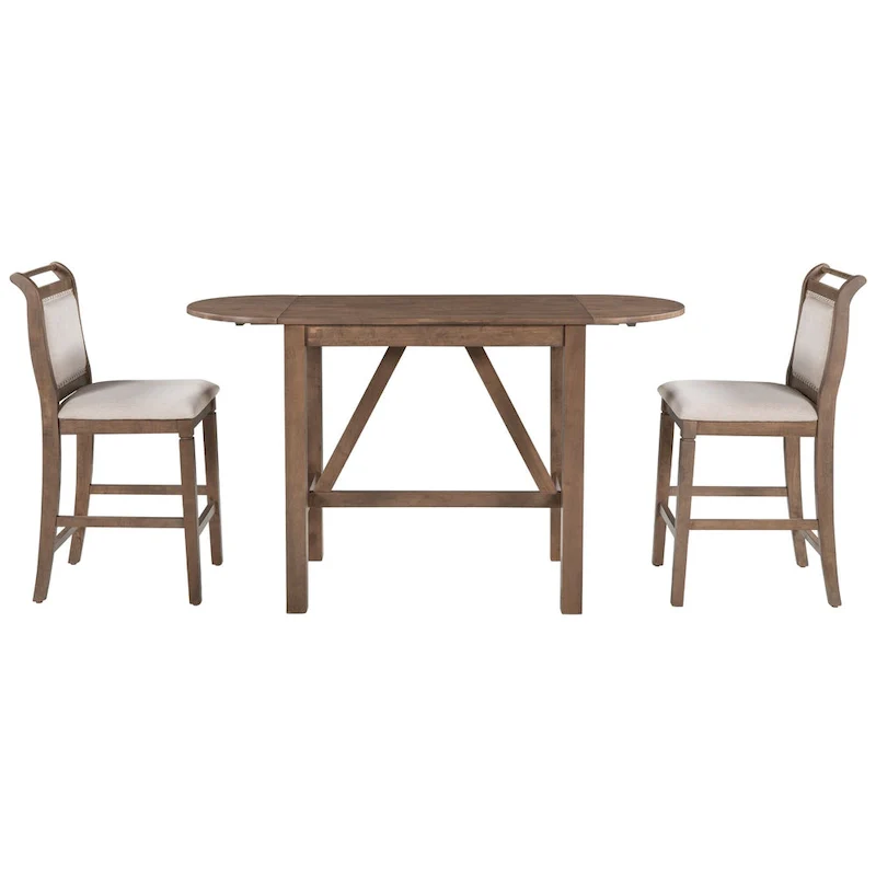 Rustic Style Wooden 3-Piece Dining Table Set with Drop Leaf and 2 Upholstered Dining Chairs