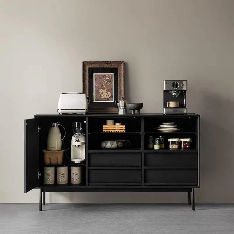 Sliding Door 4 Drawers Wood Black Sideboard Cabinet with Light