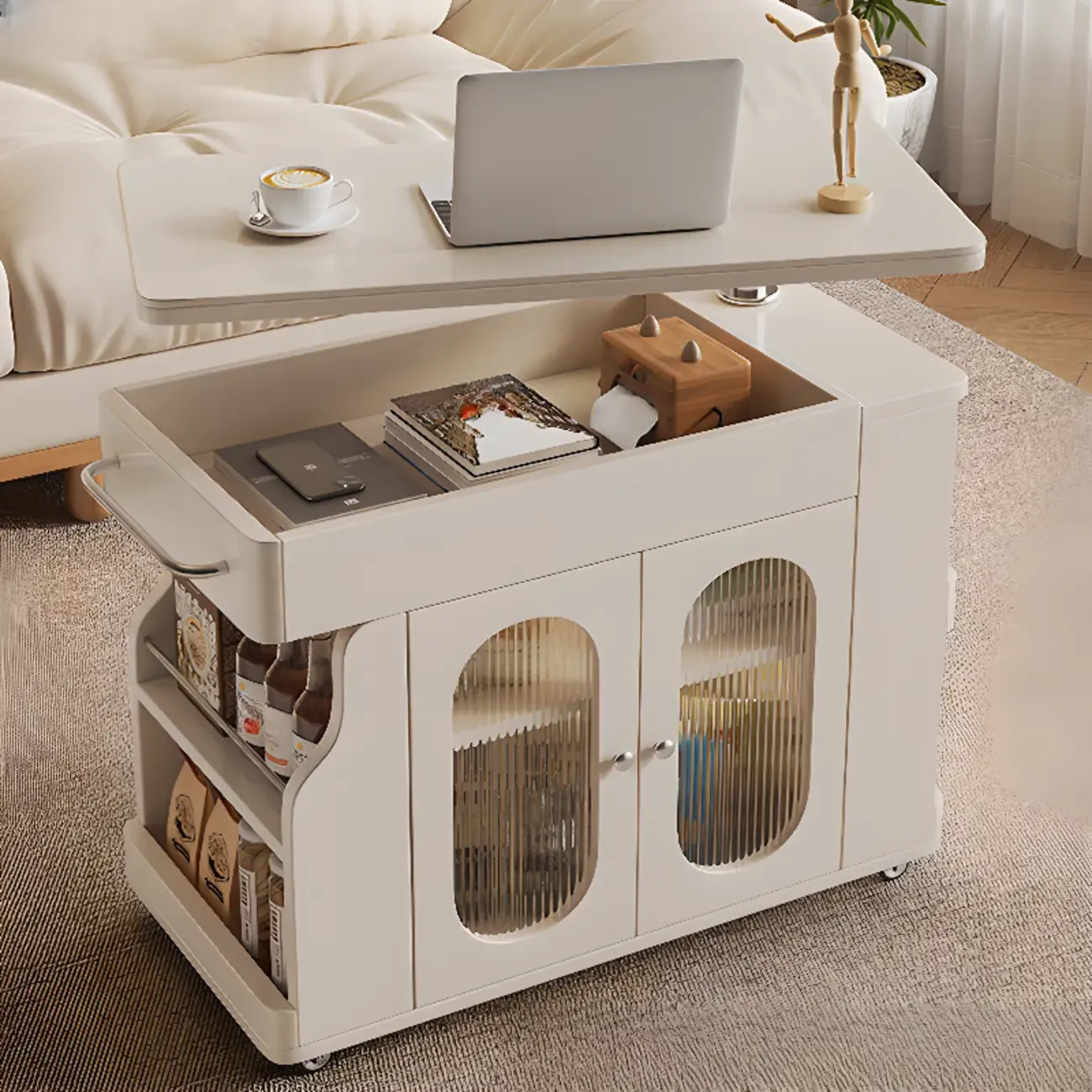 Multi-levelled Fold Away Chairside Table with Roller Wheels