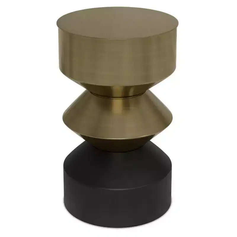 Round Iron Side Table, Antique Brass & Black Two-Tone Sculptural Design, 14