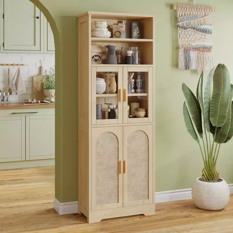 66.9in.H Tan Rattan Display Cabinet Storage Cabinet 4 Doors 6 Tiers