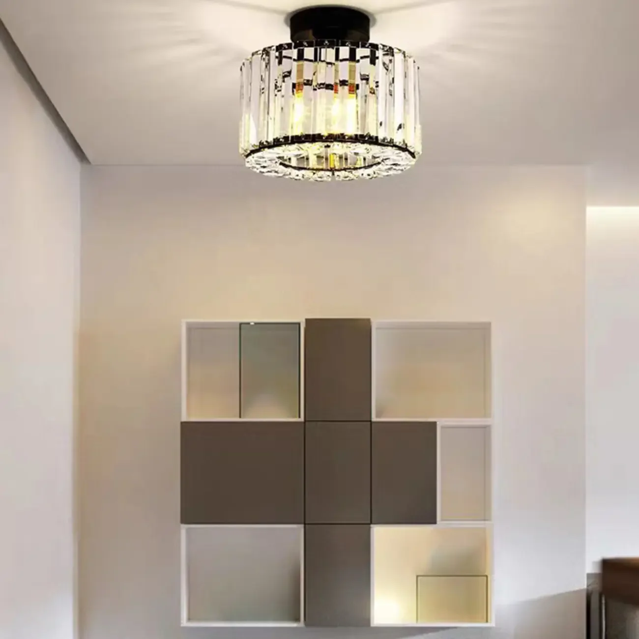 Modern Gold Square Crystal Semi Flush Ceiling Light