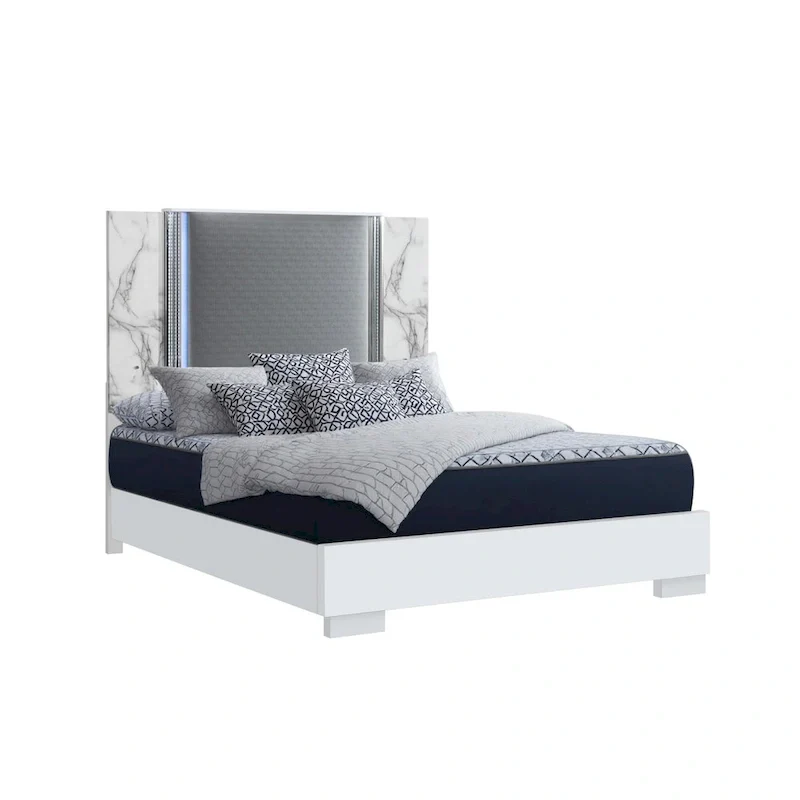 White / Gray Faux Leather Upholstered King Bed Frame with LED Headboard – Single or Couple