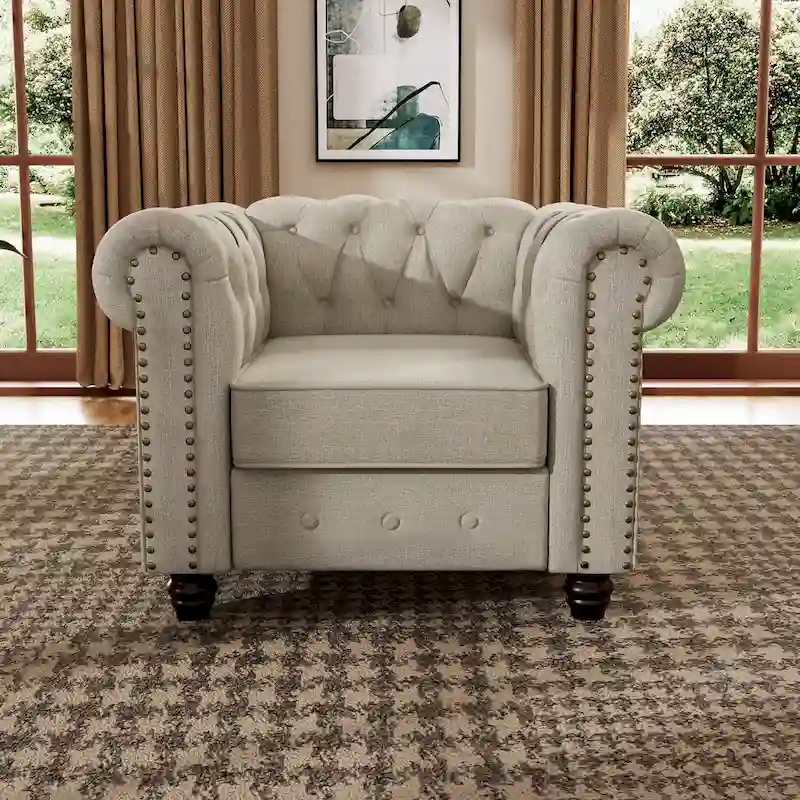 Morden Fort Linen Chesterfield Club Accent Chair,Button Tufted Upholstered Armchair with Nailhead and Solid Wood Legs