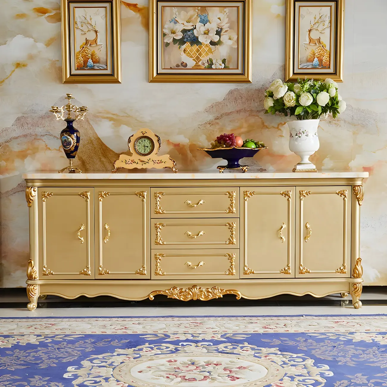 Luxury Gold Wooden Sideboard with Drawers and Doors