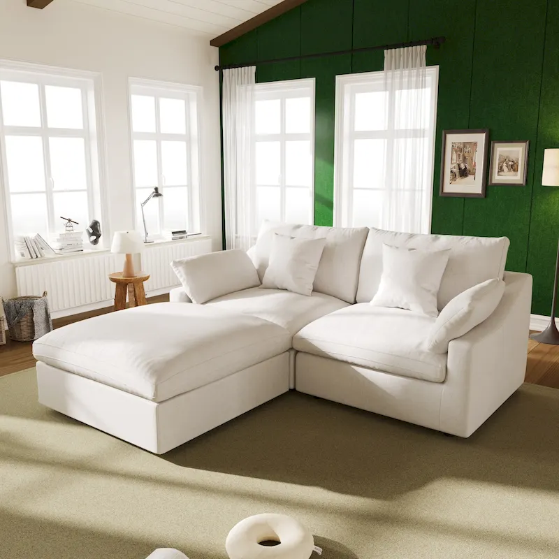 82.68 Down Filled Sectional Couch L-shape Linen Upholstered Loveseat with Ottoman