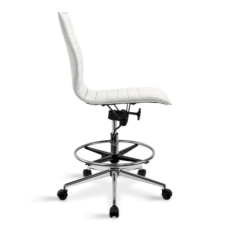 Modern Drafting Chair Upholstered PU Leather Ribbed Armless Mid Back with Tall Adjustable Base & Leg Rest