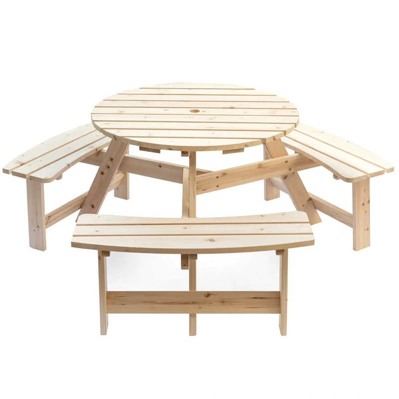 Wooden Outdoor Round Picnic Table w/ Integrated Bench Seats