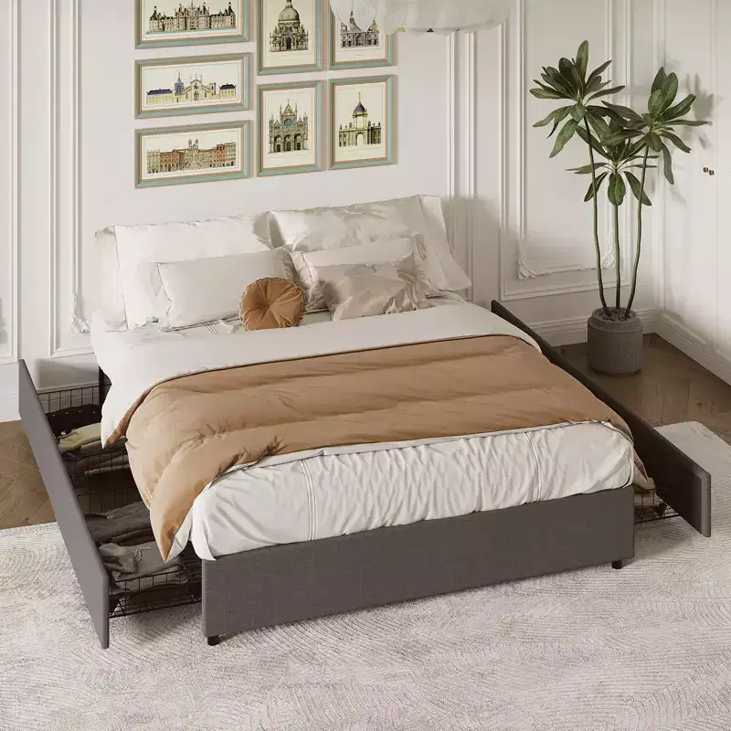 Gray Fabric Platform Bed Frame with 4 Storage Drawers, Full/Queen/King, 1-Person