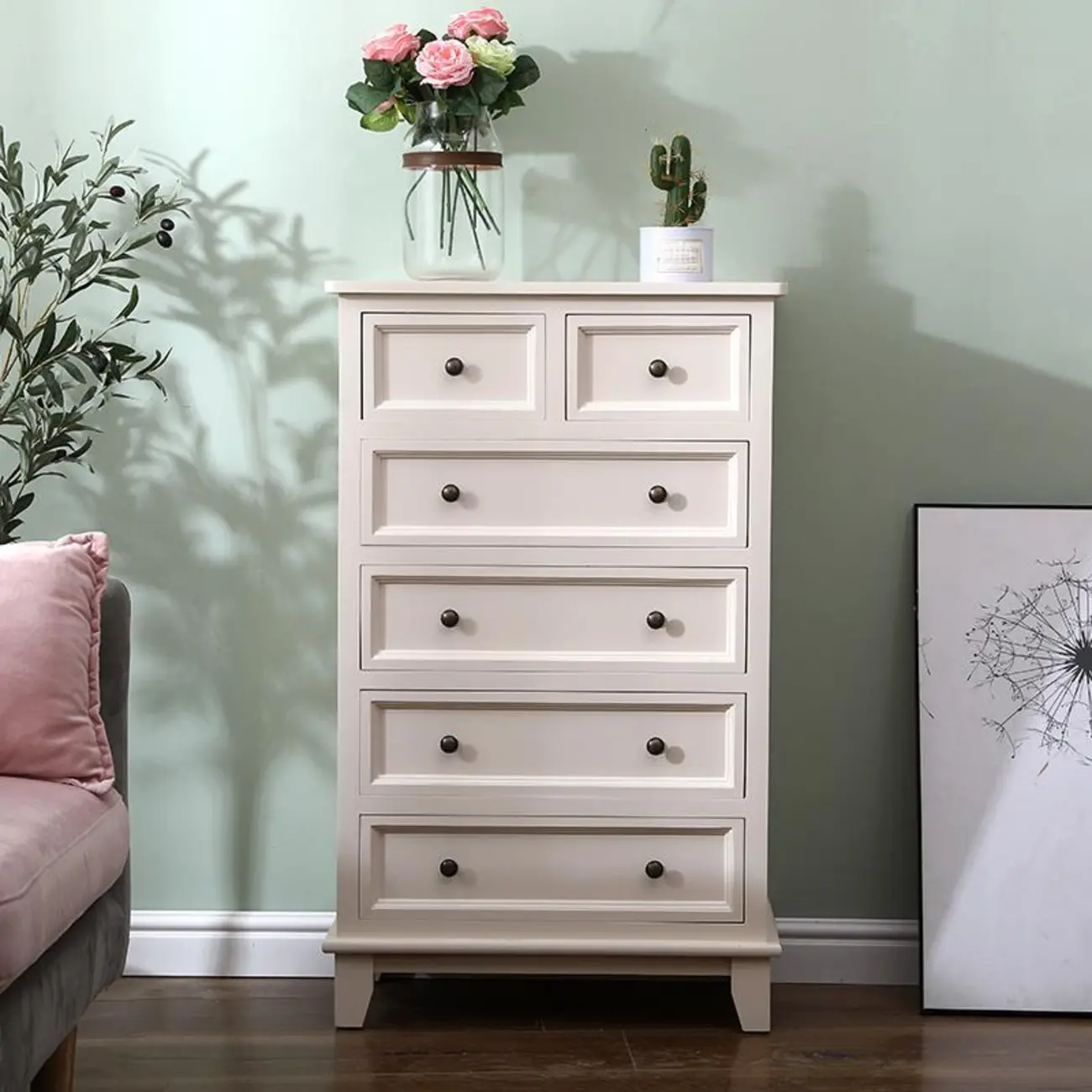 Elegant Wooden 9-Drawer White Dresser with Metal Handle