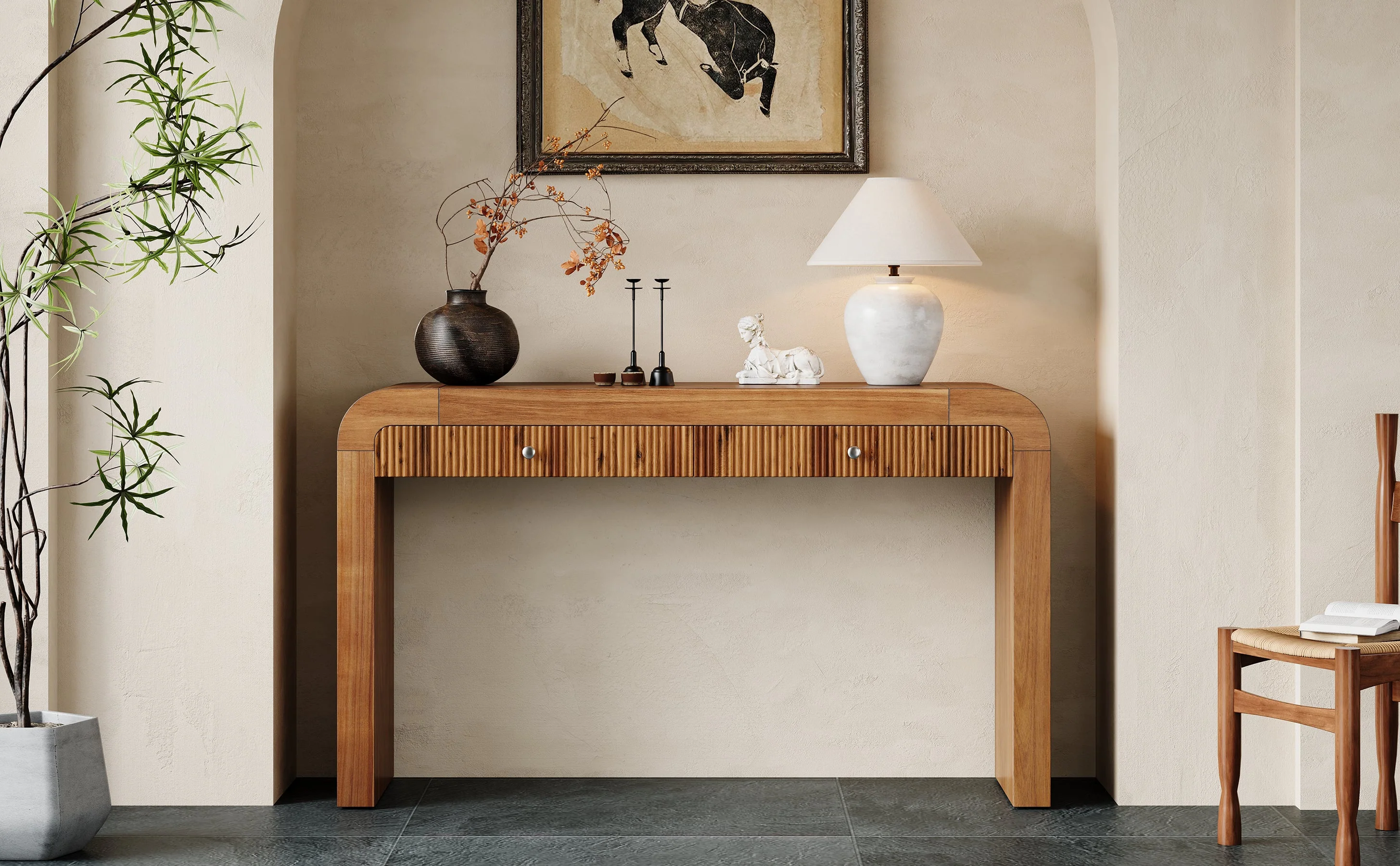 Walker Edison | Entryway Fluted Curve Design Console/Desk Table with Drawers