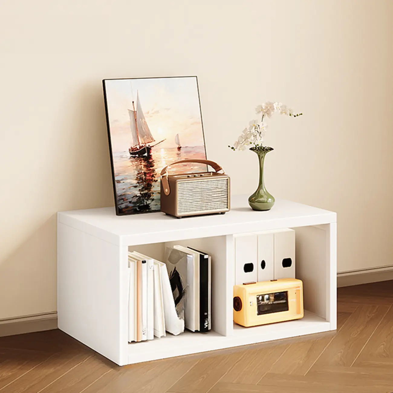Modern Steel Cube Bookcase with Fabric Bins