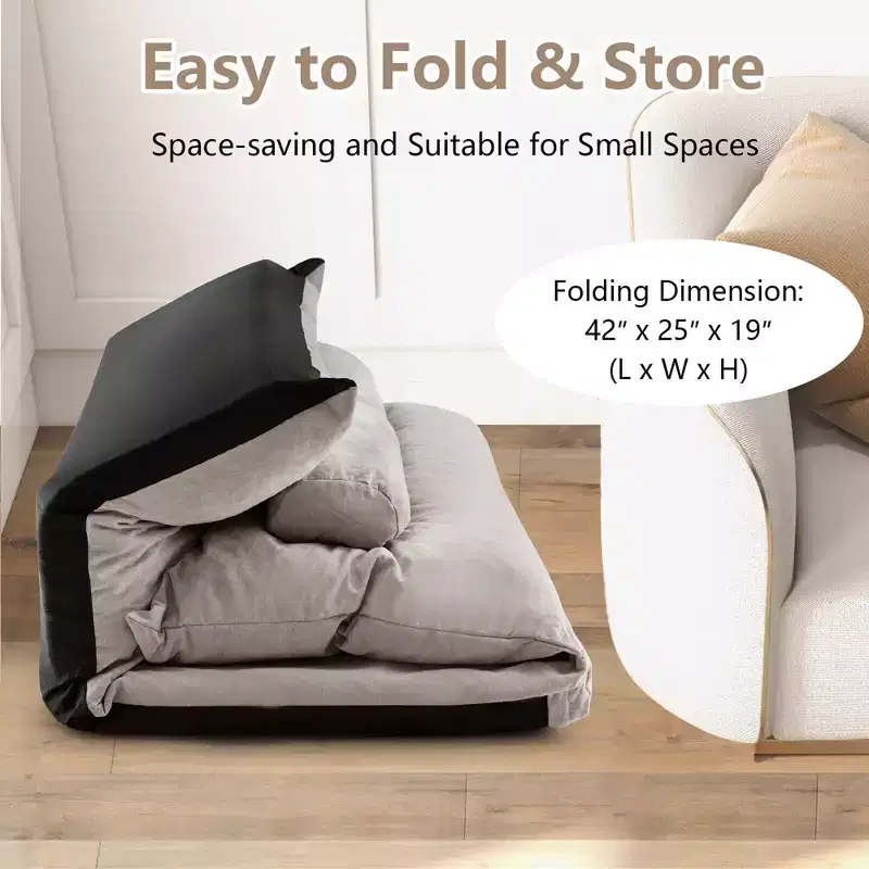 Convertible Lazy Sofa Bed with 42-Level Adjustable Backrest & 2 Lumbar Pillows Gray/Beige