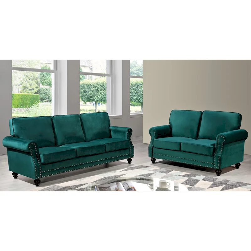 Suffield Velvet Nailhead 2-Piece Set-Loveseat & Sofa