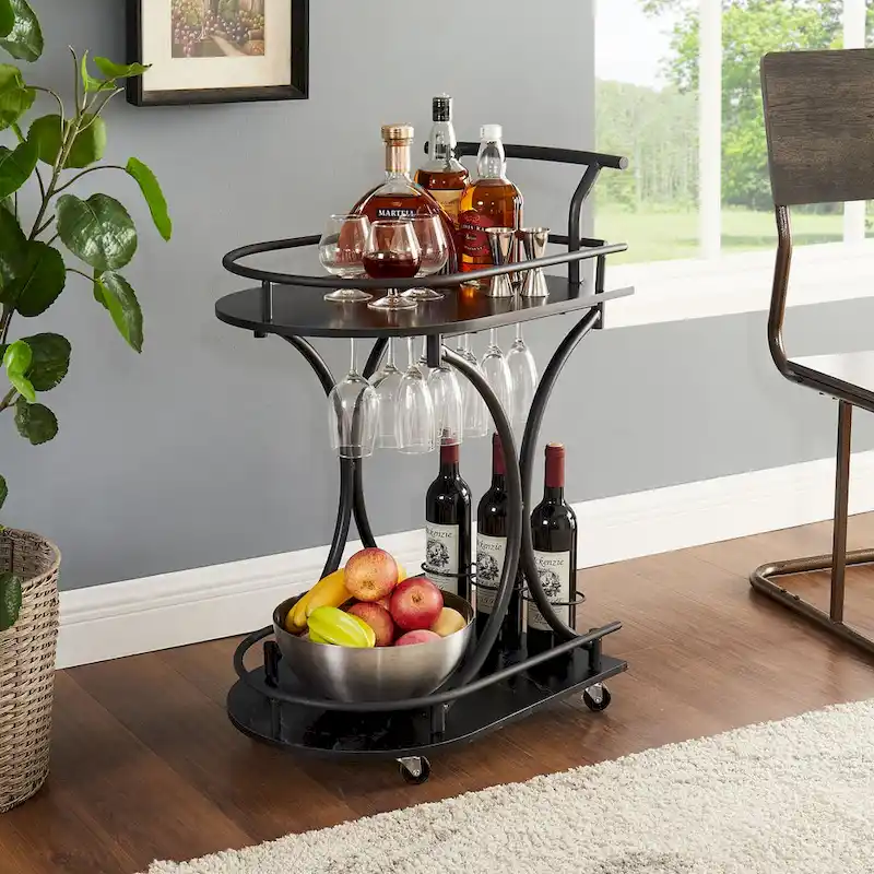 Black Wood Kitchen Cart with Wine Rack & Glass Holder Beverage Cart 2-Tier Mobile Bar Serving Cart Rolling Drink Trolley
