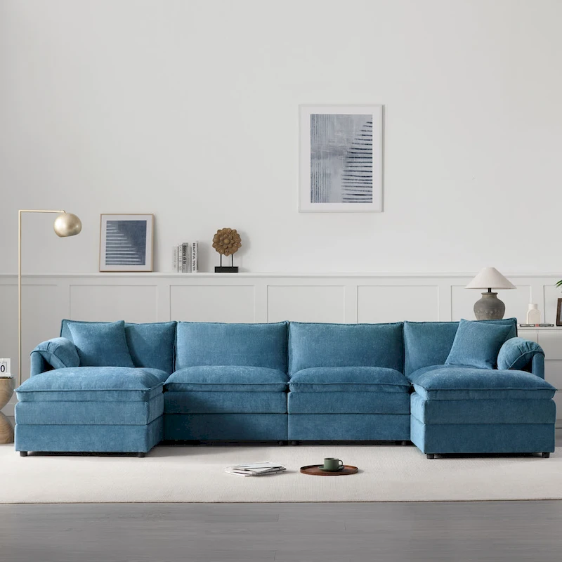 136  U-Shaped Chenille Cloud Sectional Sofa with Dual Ottomans