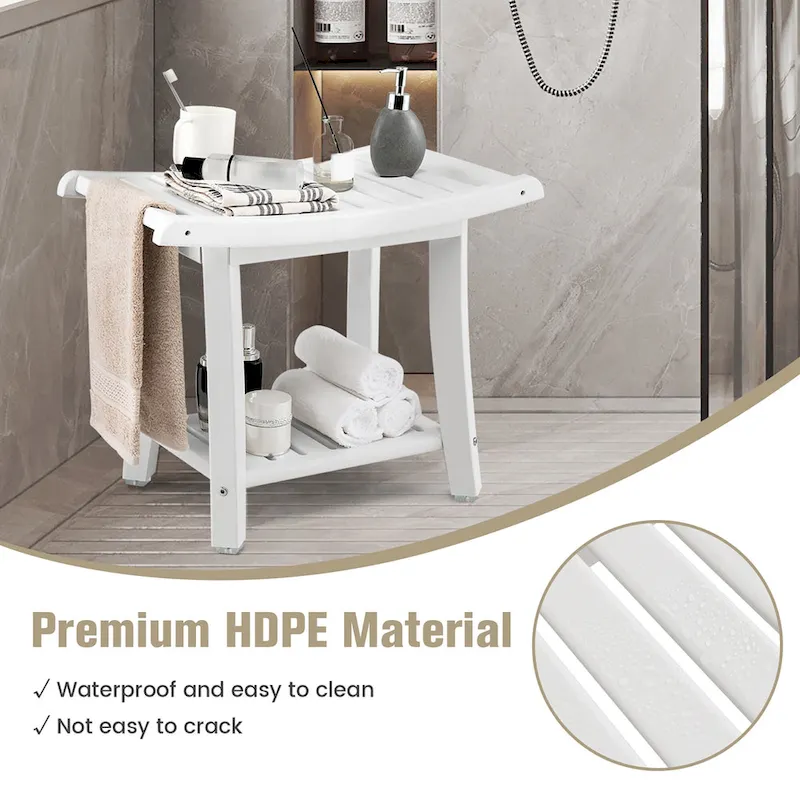 2-Tier Shower Bench with Storage Shelf – Brown / White, HDPE, Single