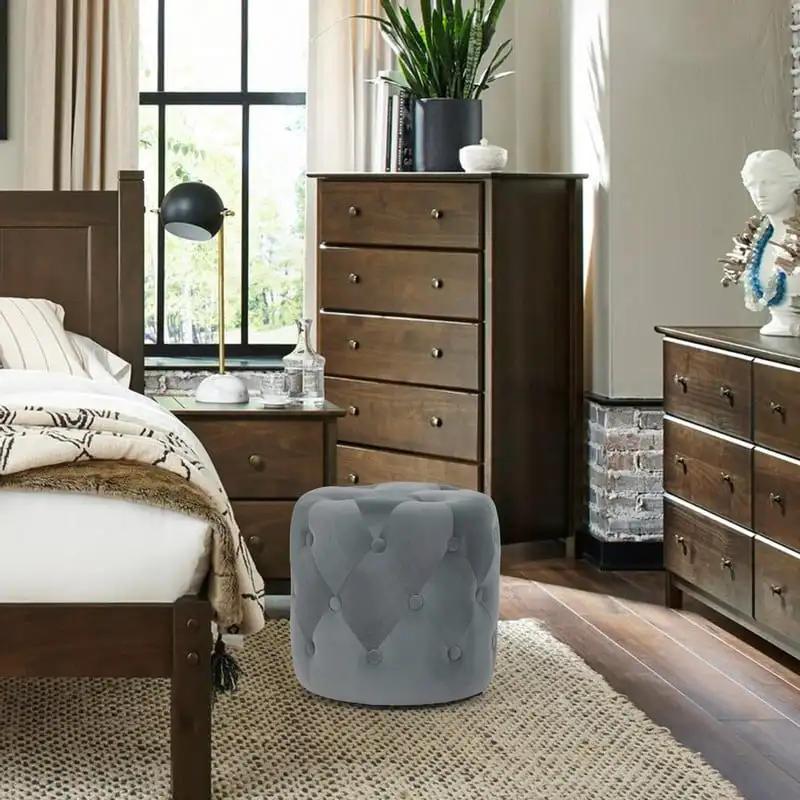 Adeco Tufted Round Ottoman - Upholstered Ottoman Footstool Foot Rest