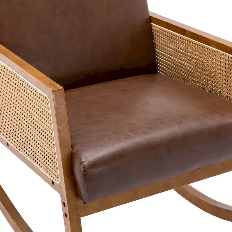 Modern PU Leather Rocking Chair with Rattan Arms