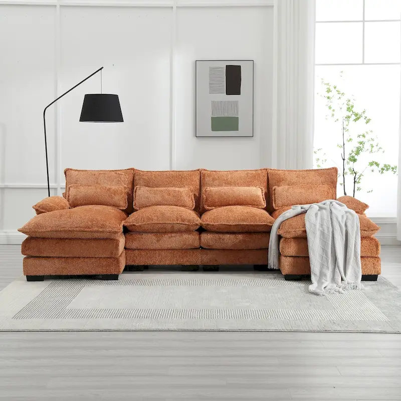 Modern Large chenille Fabric U-Shape Sectional Sofa with Ottomans, Reversible Sofa Couch for Living Room