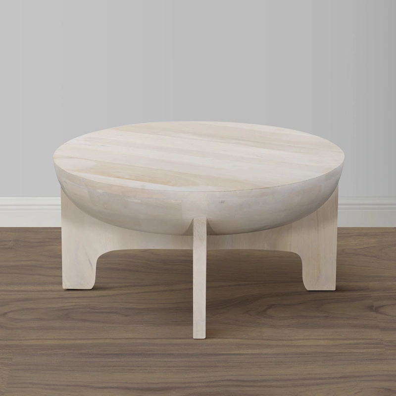 Tomas 32 Inch Coffee Table, Mango Wood Drum Top, Classic Washed White