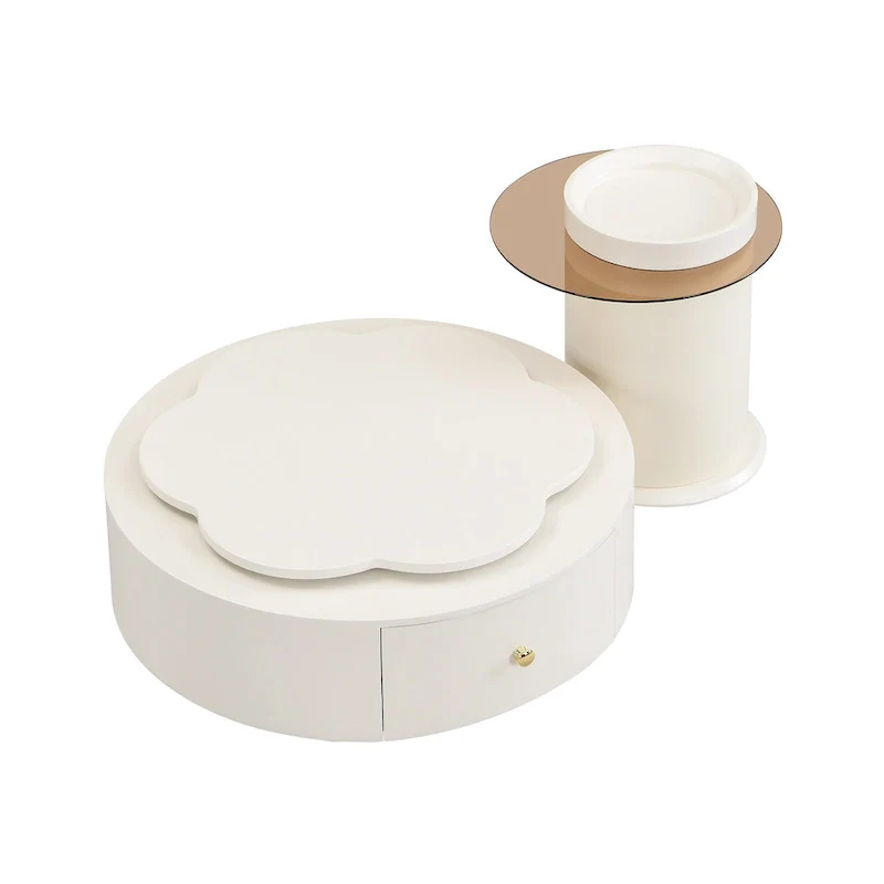 Modern Round Coffee Table Set of 2, 360-Degree Rotatable Flower-shaped Top with 2 Drawers, Top Circle Side Table with Glass