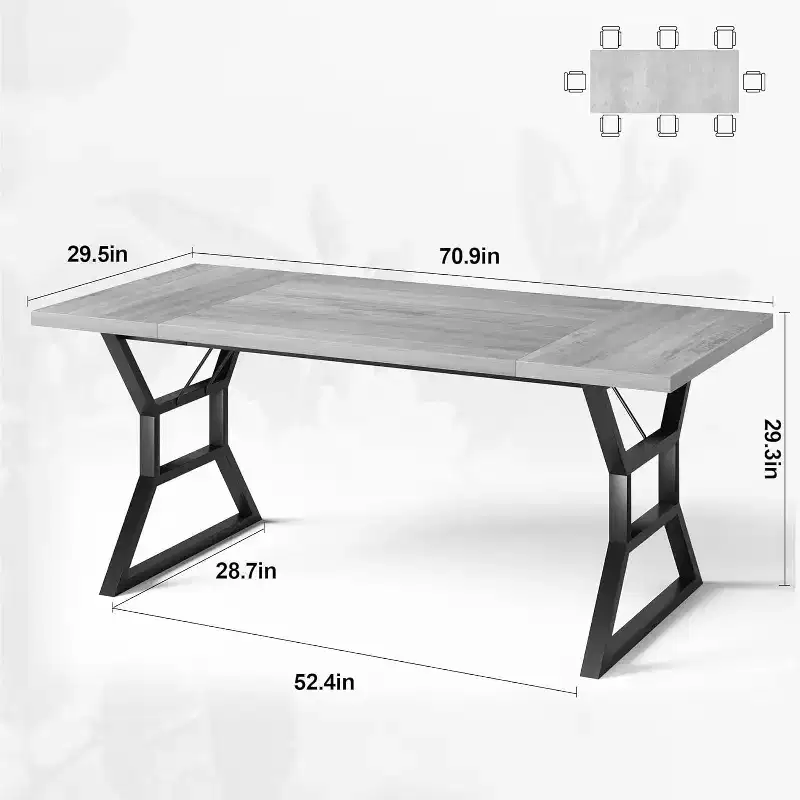 70.9in Industrial Farmhouse Long Dining Table for 6-8 People, Engineered Wood Top & Iron Frame, Cutout Design for Kitchen, Dining Room