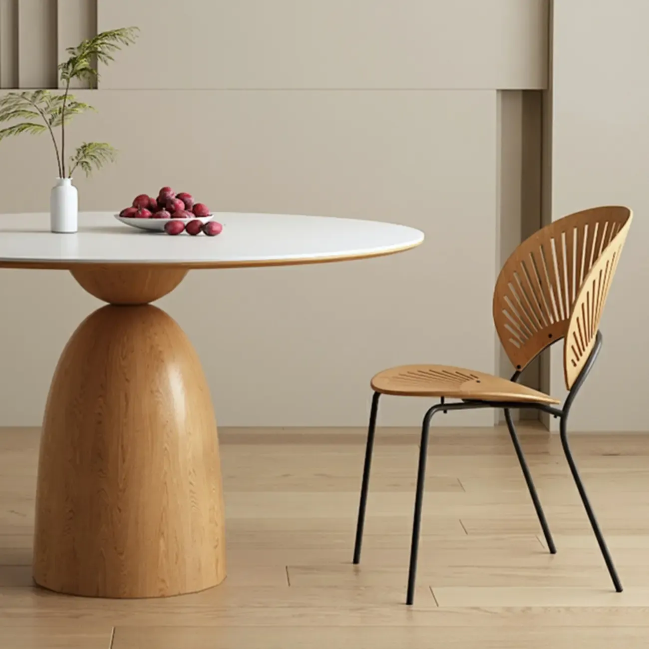 Modern White Stone Natural Wood Round Dining Table