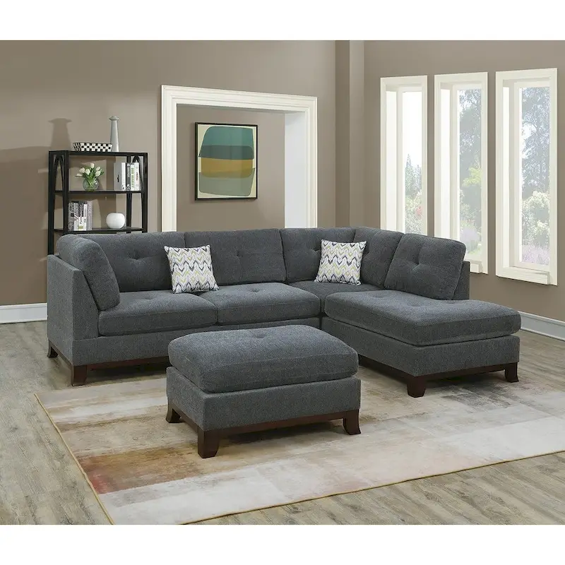 Poundex 3 Piece Fabric Sectional Sofa Set with Ottoman