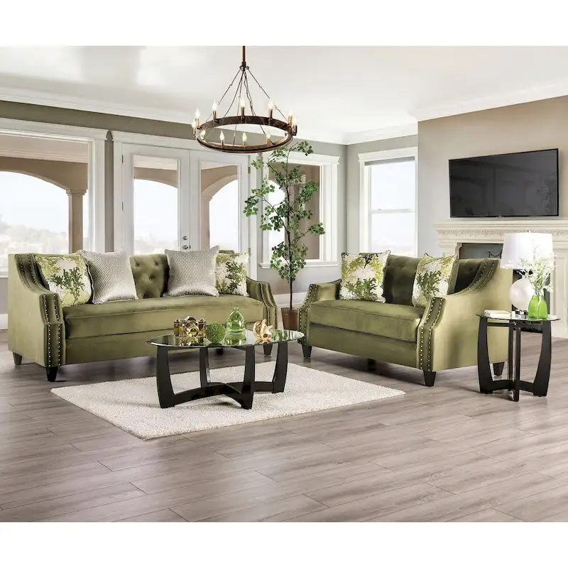 Olie Transitional Green Solid Wood Padded Loveseat by Furniture of America