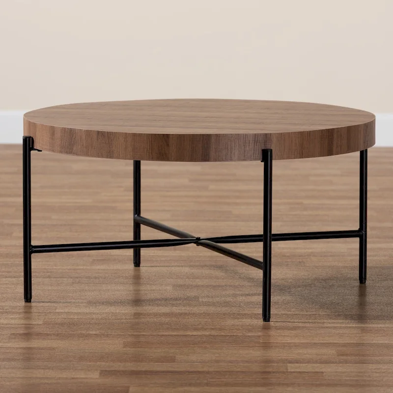 Umar Modern Industrial Walnut Brown Finished Wood and Black Metal Coffee Table