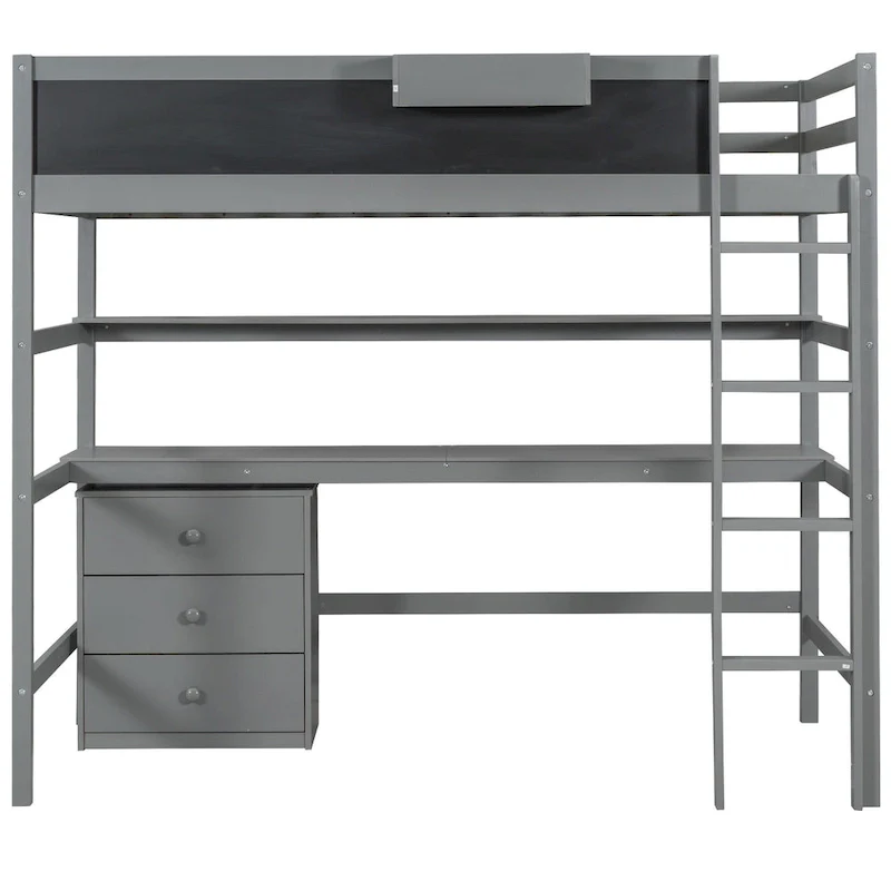 Gray Twin Size Solid Wood Loft Bed with Desk, Blackboard, and Storage