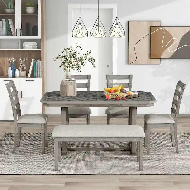 6-Piece Rubber Wood Dining Table Set with Beautiful Wood Grain Pattern Tabletop