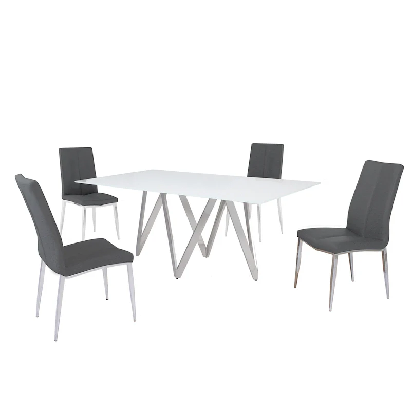 Somette Modern Dining Set with White Glass Table & 4 Chairs