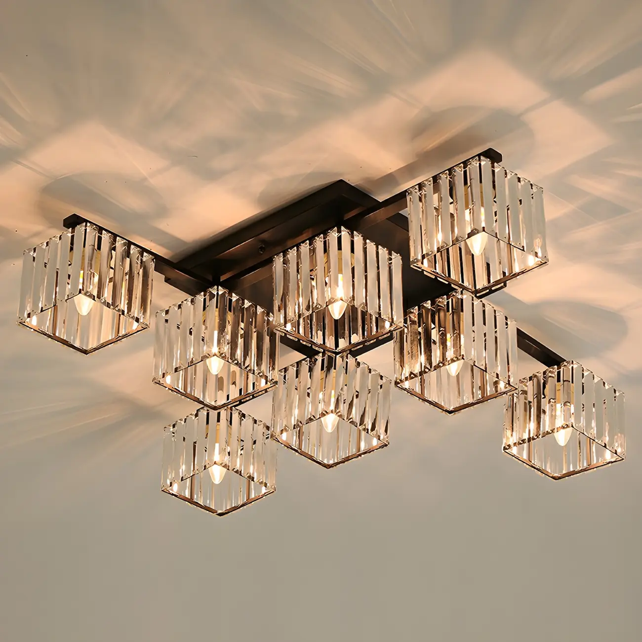 Modern Square Gold Crystal Flush Ceiling Light in 8 Lights