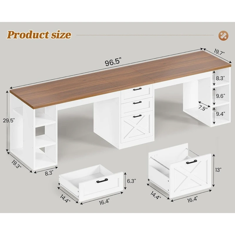 96.5 Computer Desk 3 Drawers Home Office Desk 8 Open Shelves