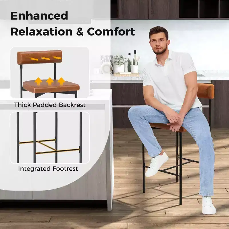 Costway 26 Upholstered Bar Stools Set of 4 with Padded Cushion & Backrest Footrest Brown/Gray