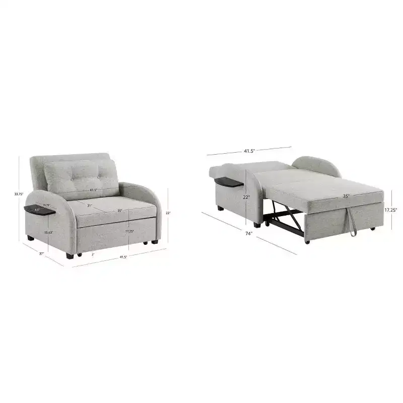 Twin Woven Polyester Fabric Black Wood Frame and Tray Table Convertible Bed Gray: Multifunctional Design, Easy Mobility