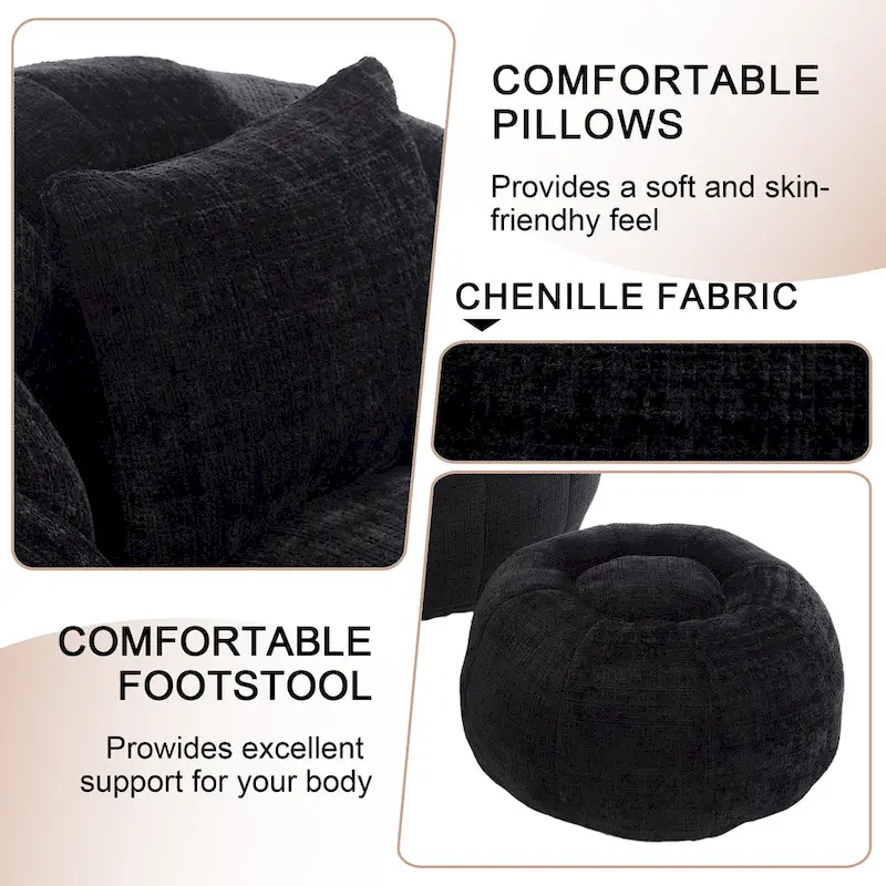 HOMEFUN Chenille Upholstered Round Lazy Cozy Bean Bag Chair with Ottoman and a Pillow
