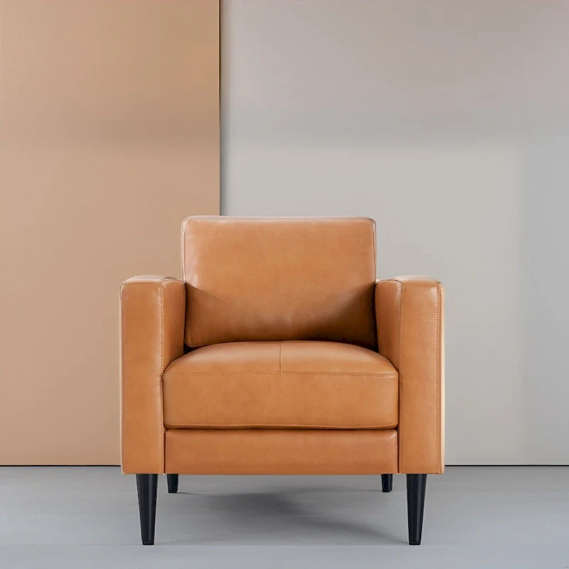 Genuine Leather Accent Chair, Black/Tan, Mid-Century Modern, High-Density Cushion, Seats 1